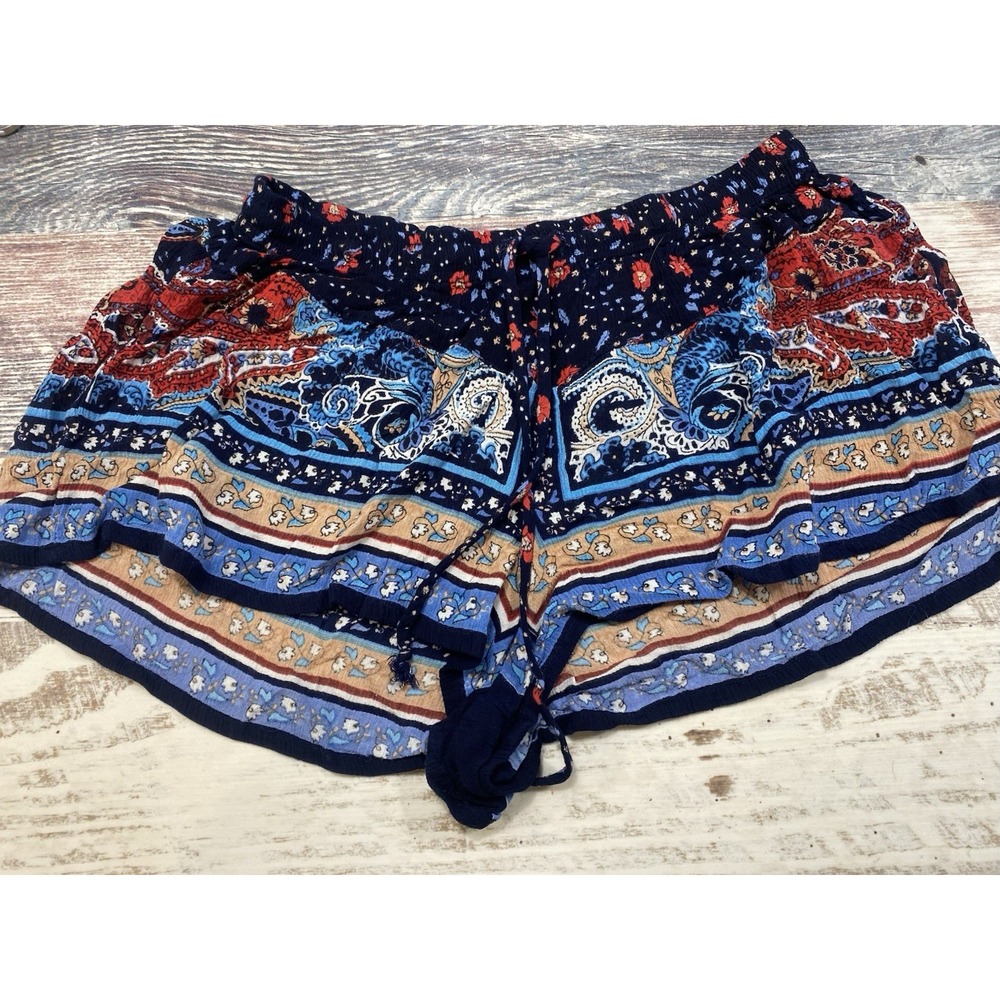 Patrons of Peace Women Blue Paisley Floral Drawstring Shorts XS Rayon Boho